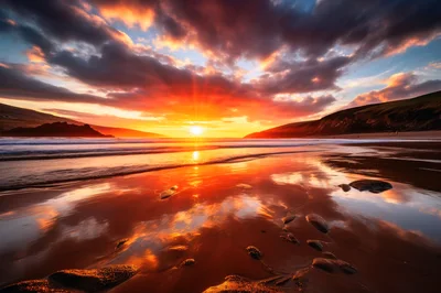 Vibrant Sunset Over A Serene Coastal Beach