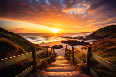 Wooden Staircase Leading To A Scenic Coastal Beach Sunset