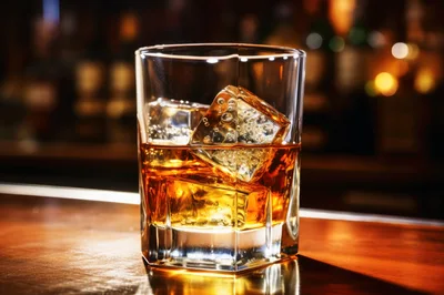 Glass Of Whiskey With Ice Cubes On A Bar Counter
