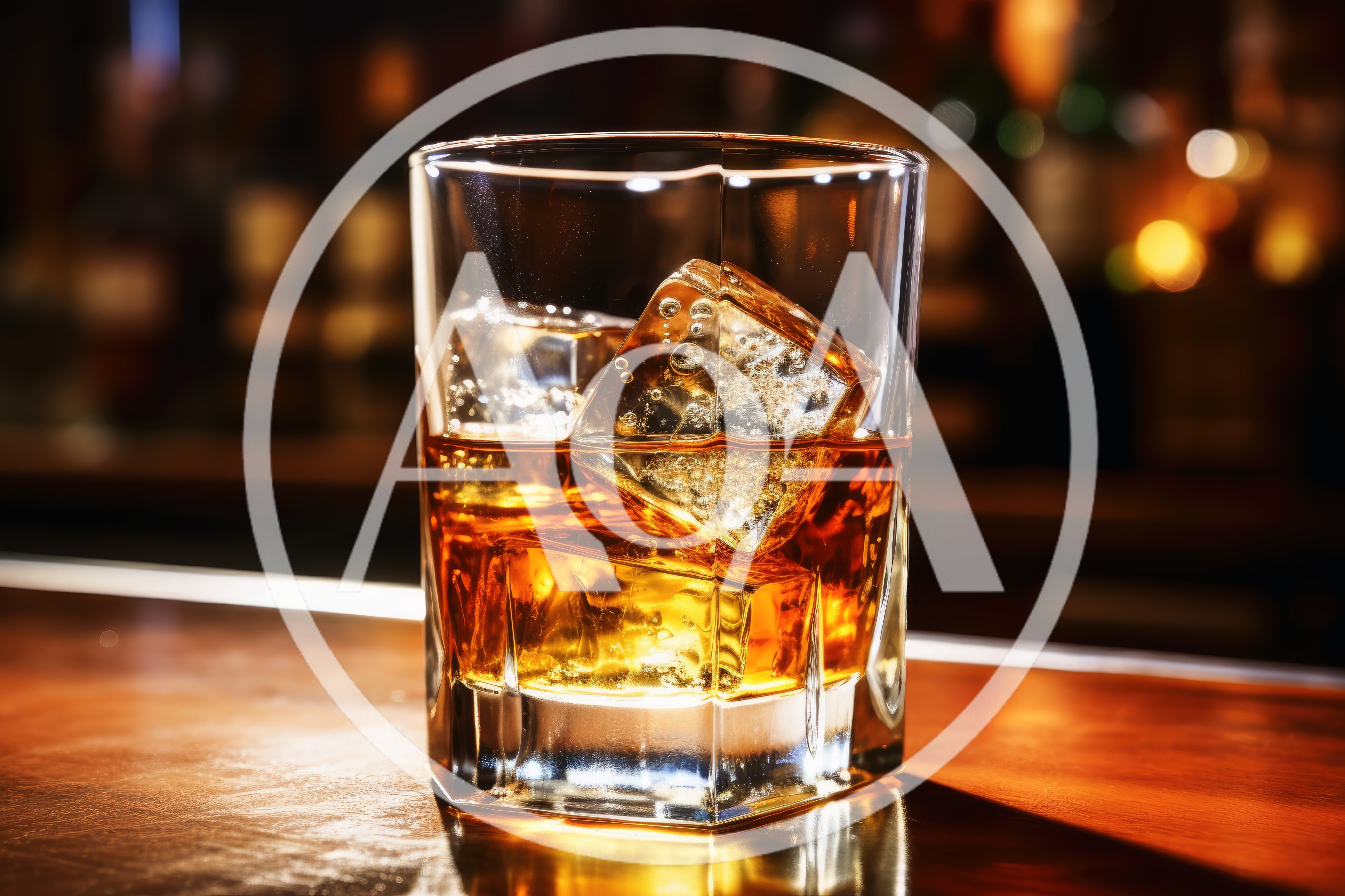 Glass Of Whiskey With Ice Cubes On A Bar Counter