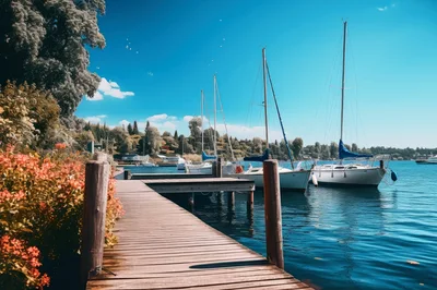 Wooden Pier Leading To Sailboats On A Sunny Lake