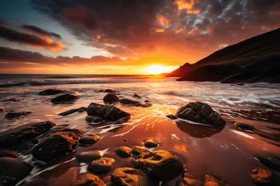 Dramatic Sunset Over Rocky Coastal Beach