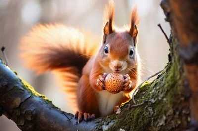 Red Squirrel Holding A Nut On A Tree Branch