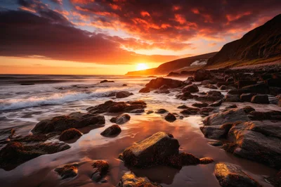 Dramatic Sunset Over Rocky Coastal Beach Landscape
