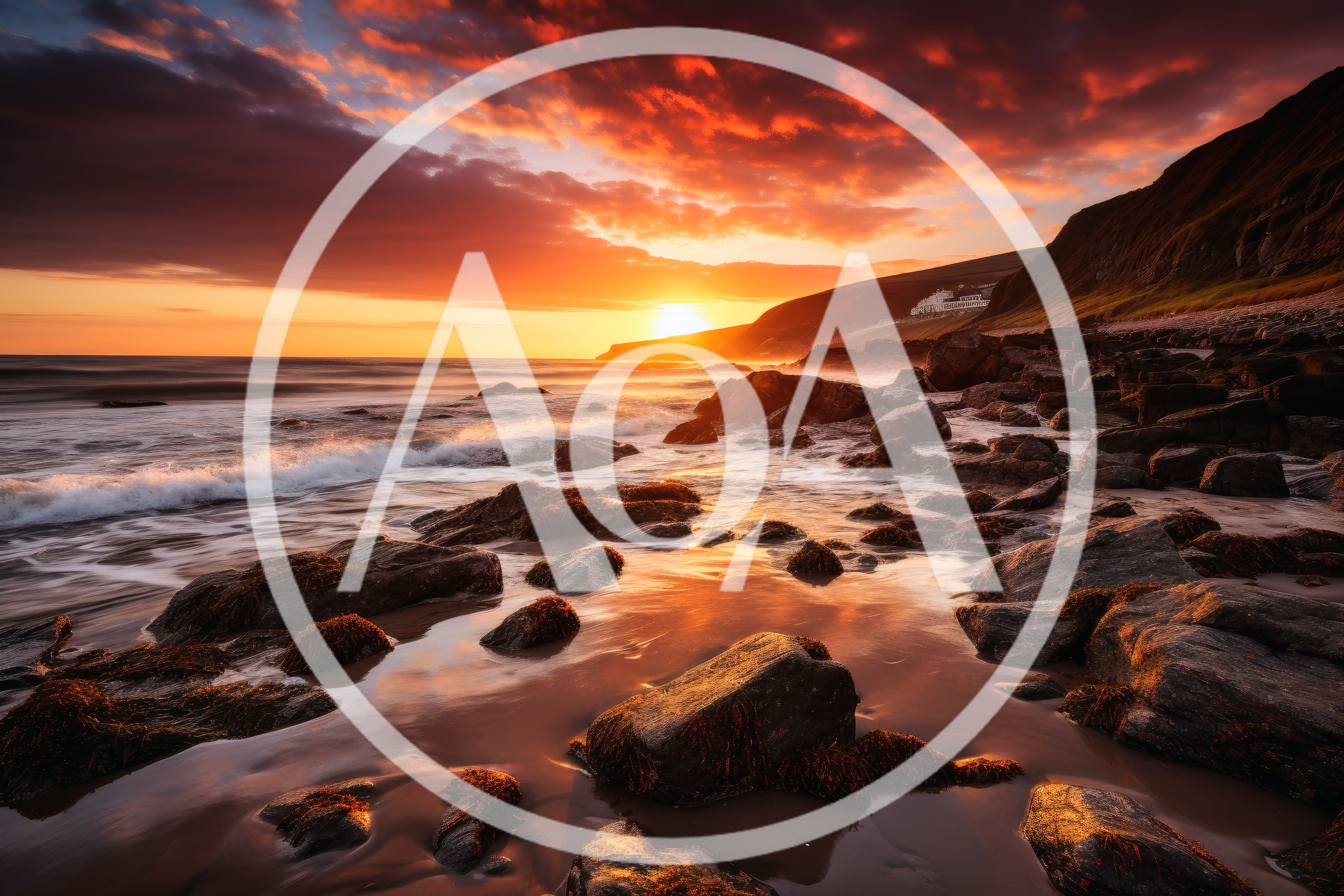 Dramatic Sunset Over Rocky Coastal Beach Landscape