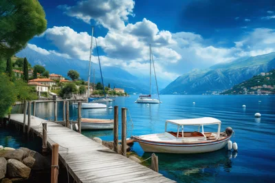 Wooden Pier With Boats On Lake Como Italy