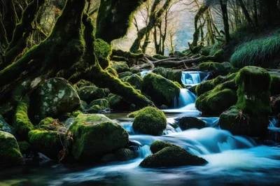 Mossy Rocks And Cascading Stream In Ancient Forest