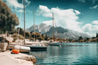Sailboats Moored at a Scenic Mediterranean Coastal Harbor