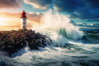 Lighthouse Standing Against Massive Crashing Ocean Waves