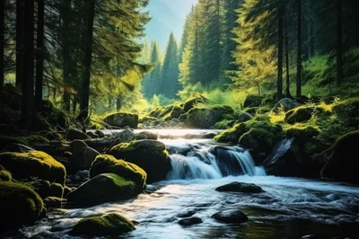 Sunlit Mountain Stream Flowing Through Mossy Forest