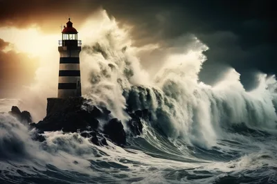 Lighthouse Standing Against Massive Crashing Ocean Waves