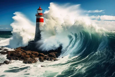 Lighthouse Standing Against Massive Crashing Ocean Waves