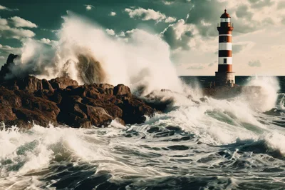 Powerful Ocean Waves Crashing Against A Coastal Lighthouse