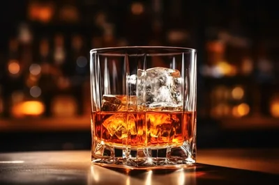 Glass Of Whiskey With Ice On A Bar Counter