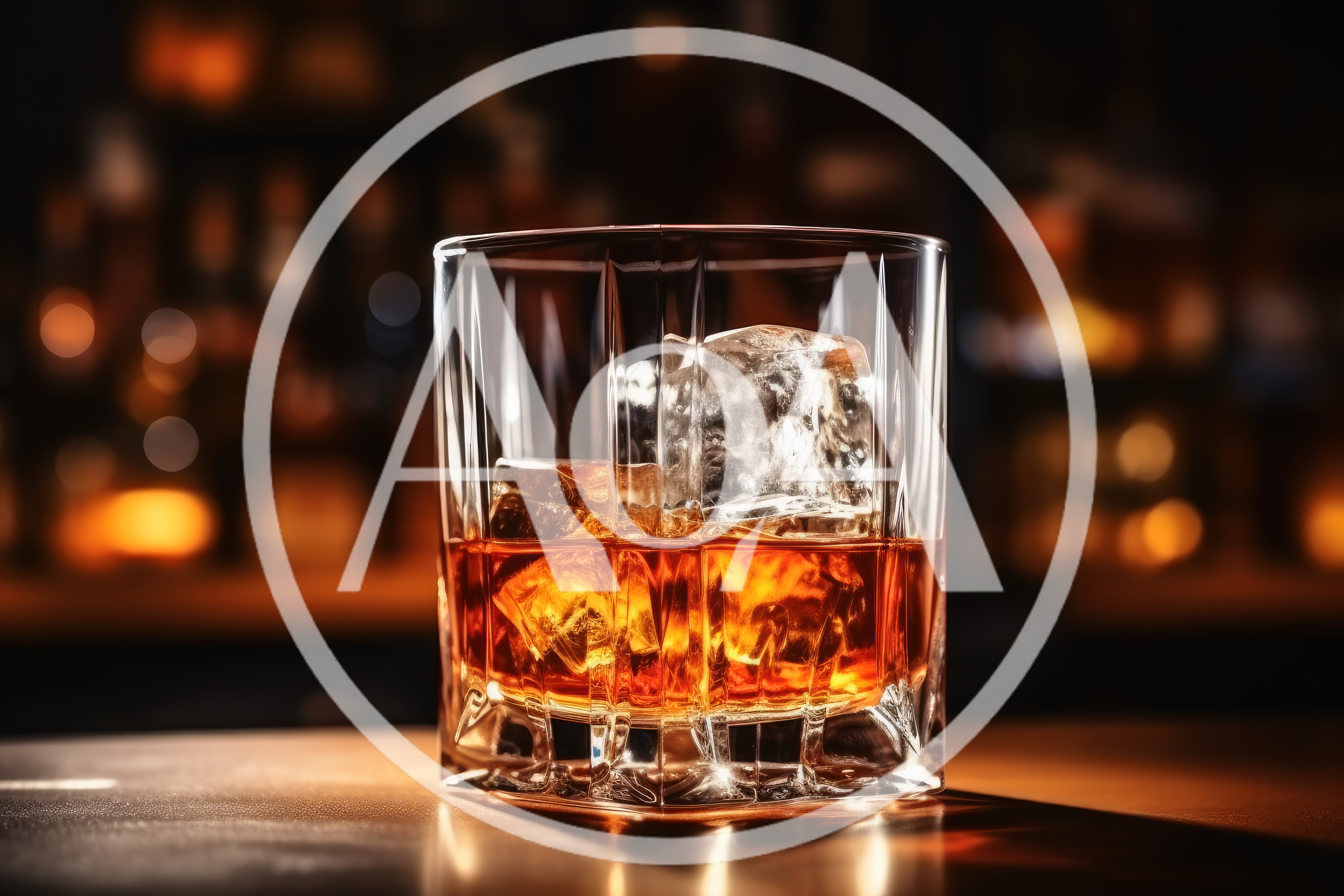 Glass Of Whiskey With Ice On A Bar Counter
