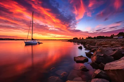 Sailboat Moored At Sunset With Dramatic Red Sky