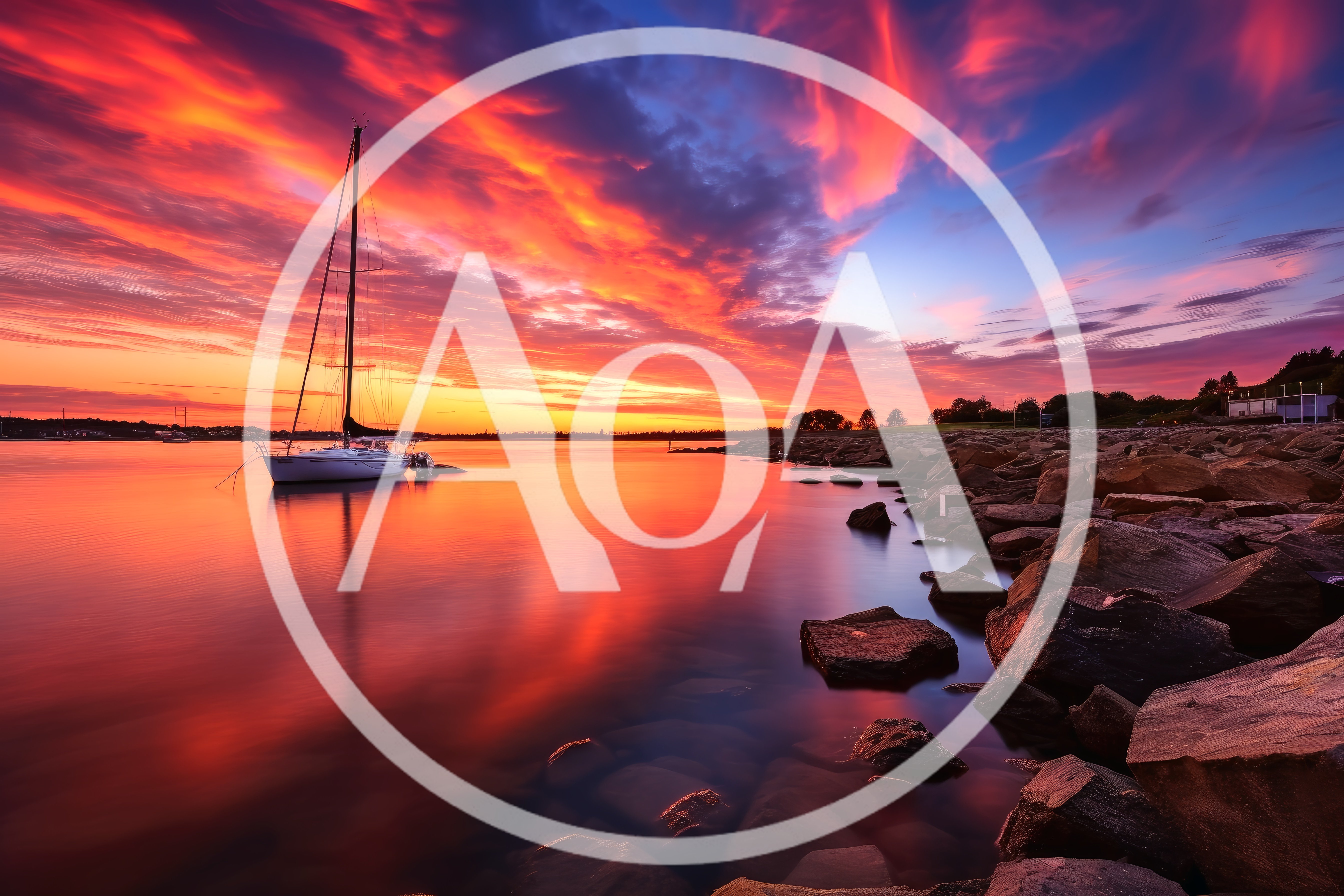 Sailboat Moored At Sunset With Dramatic Red Sky