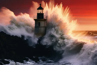 Lighthouse Standing Against Massive Crashing Ocean Waves