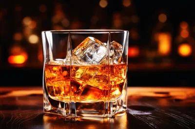 Glass Of Whiskey With Ice Cubes On Bar Counter