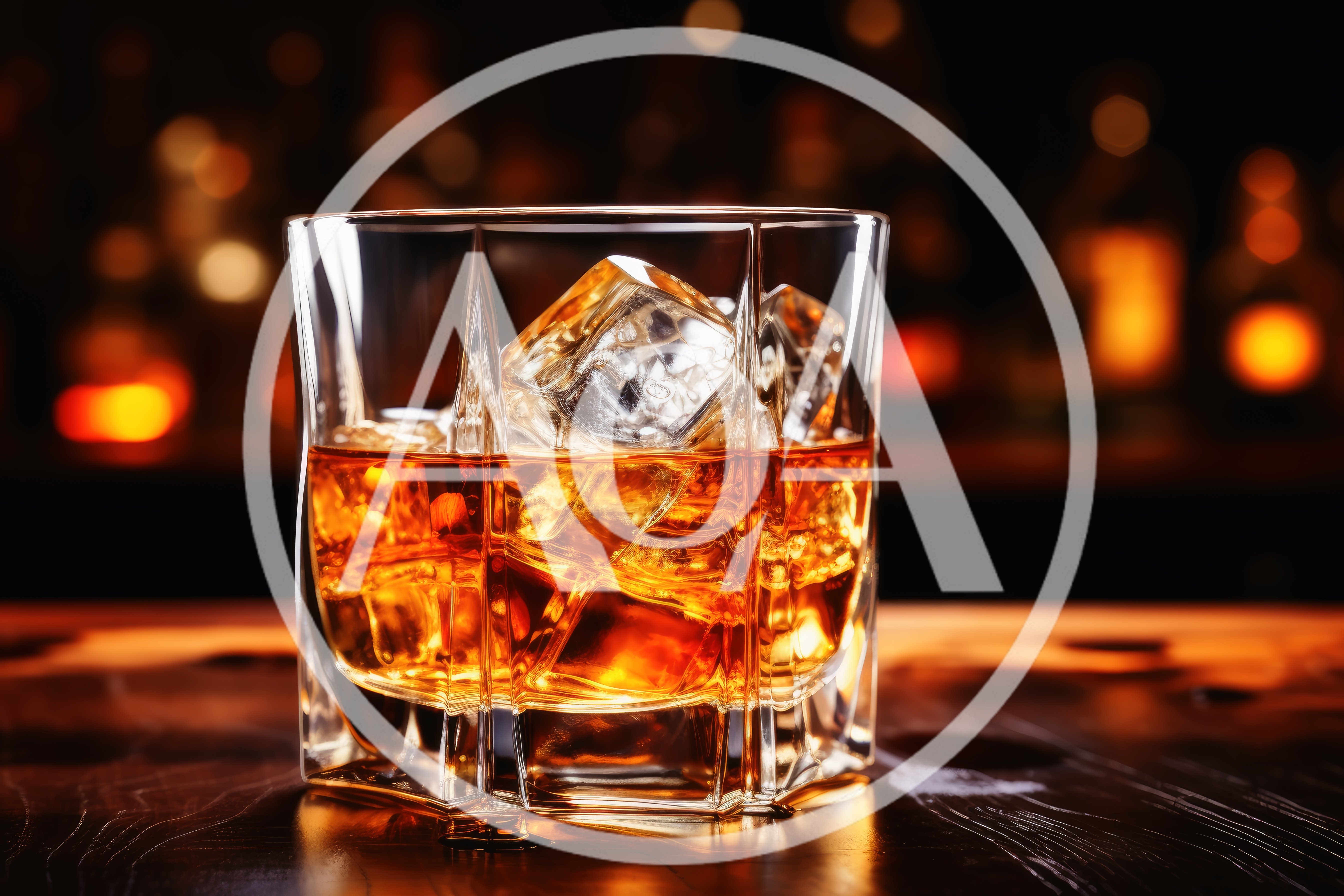 Glass Of Whiskey With Ice Cubes On Bar Counter