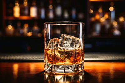 Glass Of Whiskey With Ice On A Bar Counter