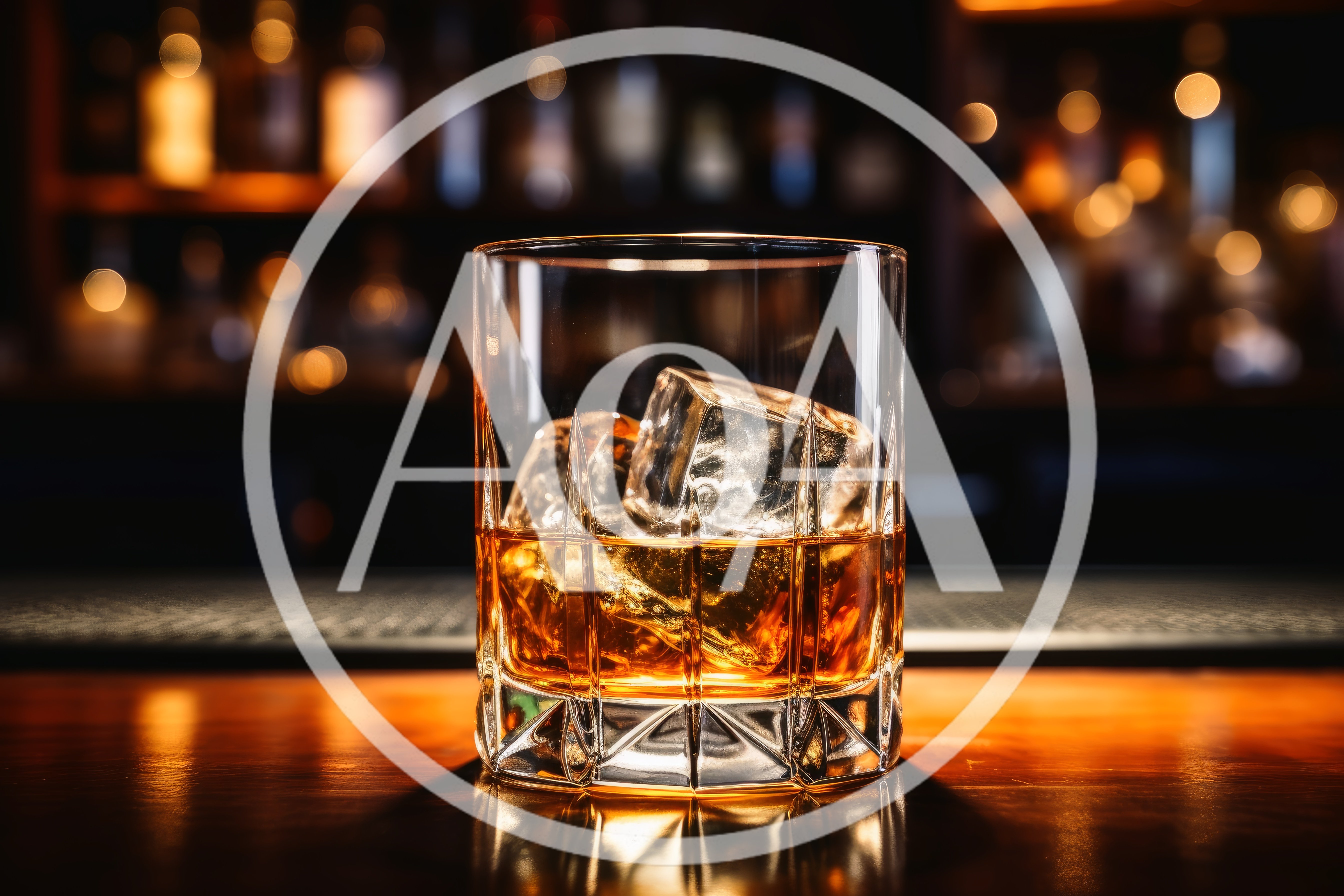 Glass Of Whiskey With Ice On A Bar Counter