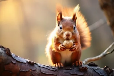 Red Squirrel Holding A Nut On A Tree Branch