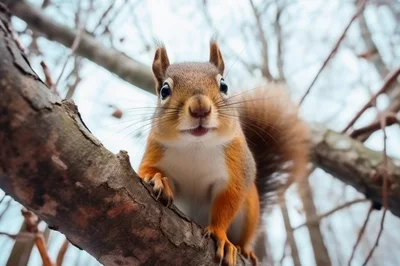 Red Squirrel Perched On A Tree Branch