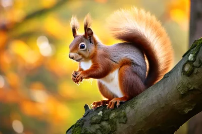 Red Squirrel Perched on a Mossy Tree Branch