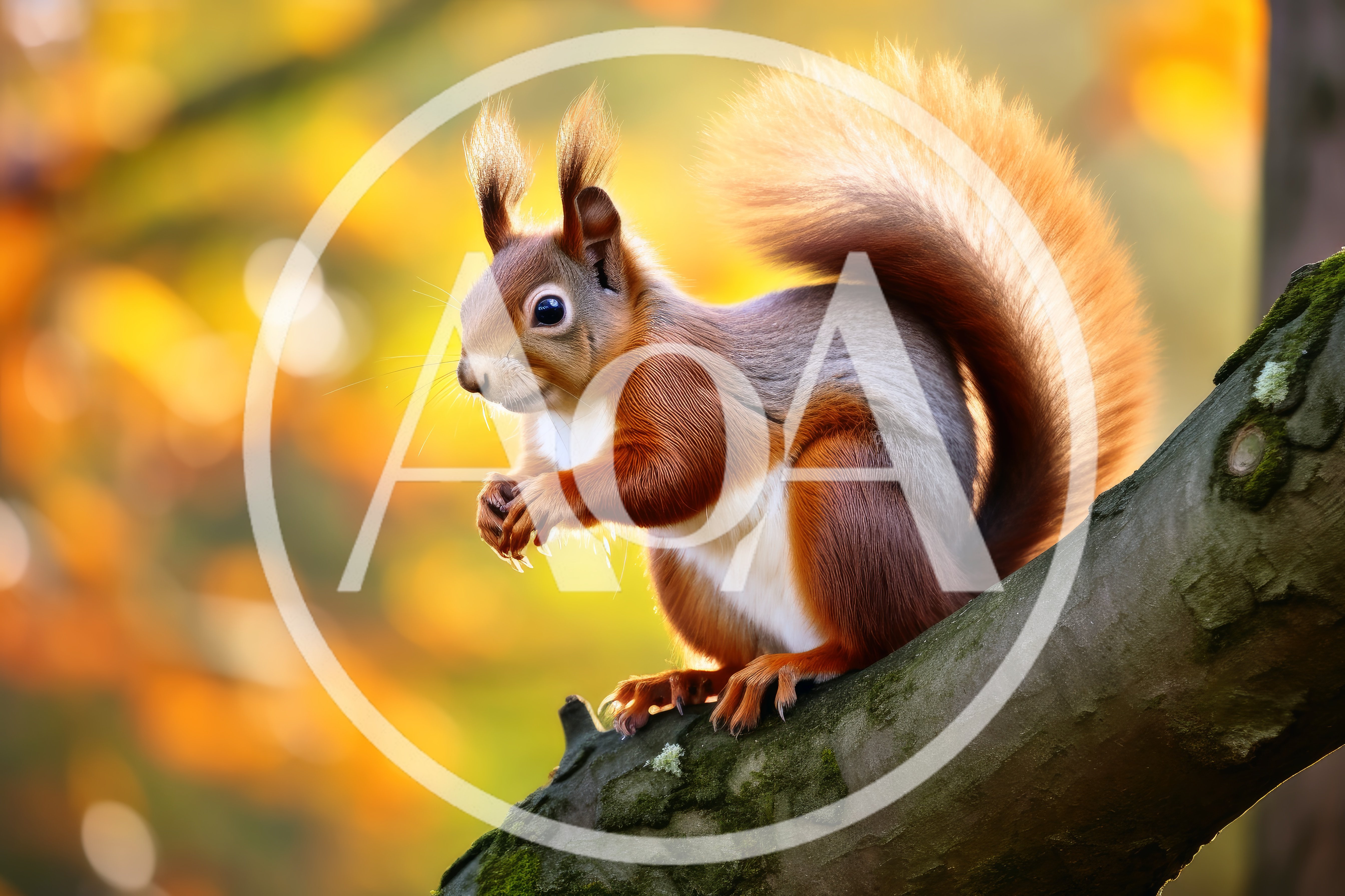 Red Squirrel Perched on a Mossy Tree Branch