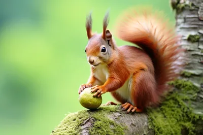 Red Squirrel Holding A Nut On A Mossy Branch