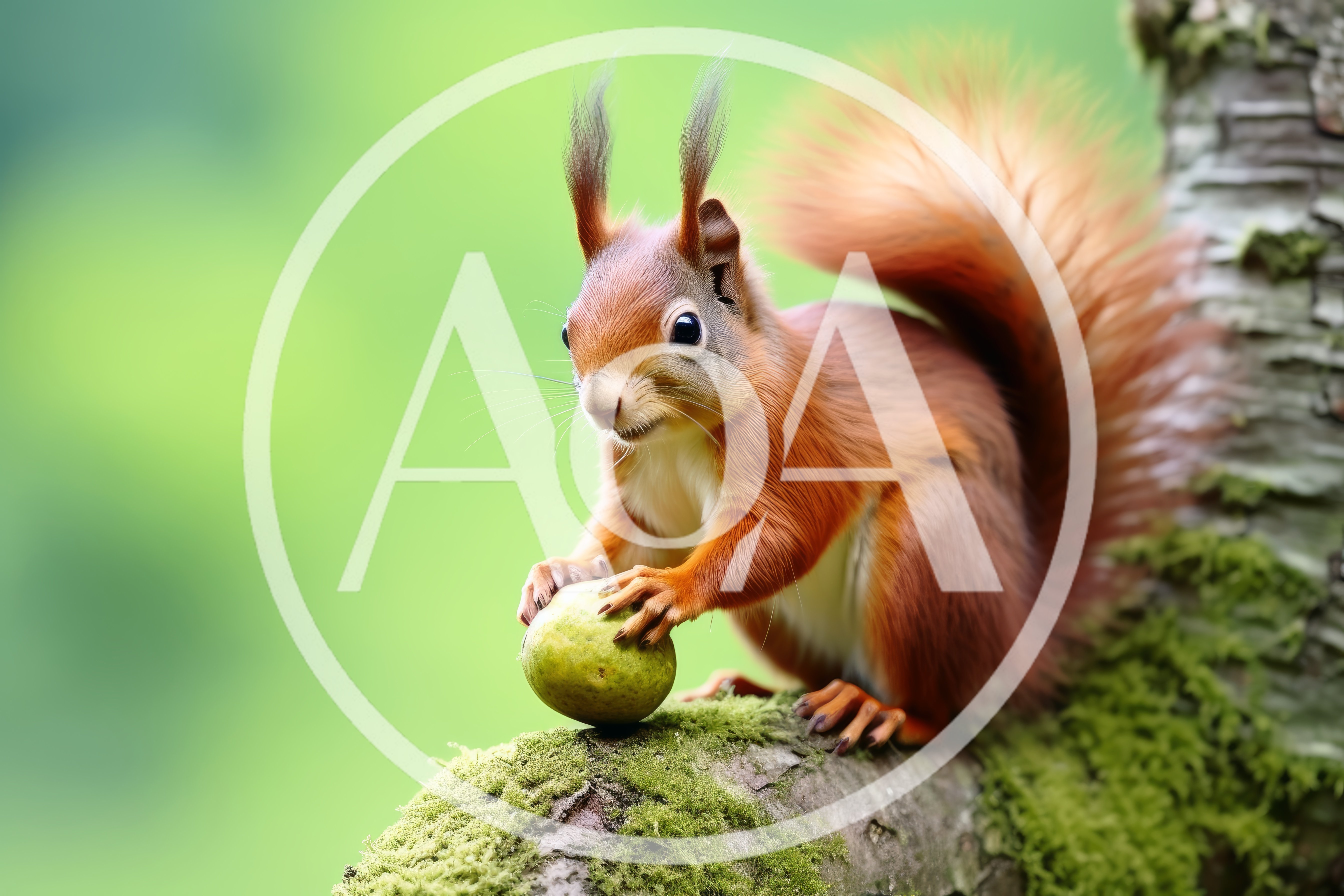 Red Squirrel Holding A Nut On A Mossy Branch