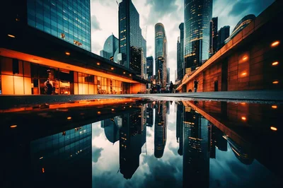 Modern City Skyscrapers Reflected In A Puddle