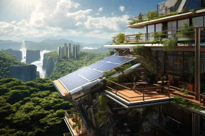 Futuristic Eco-Friendly Architecture Overlooking Lush Mountain Landscape
