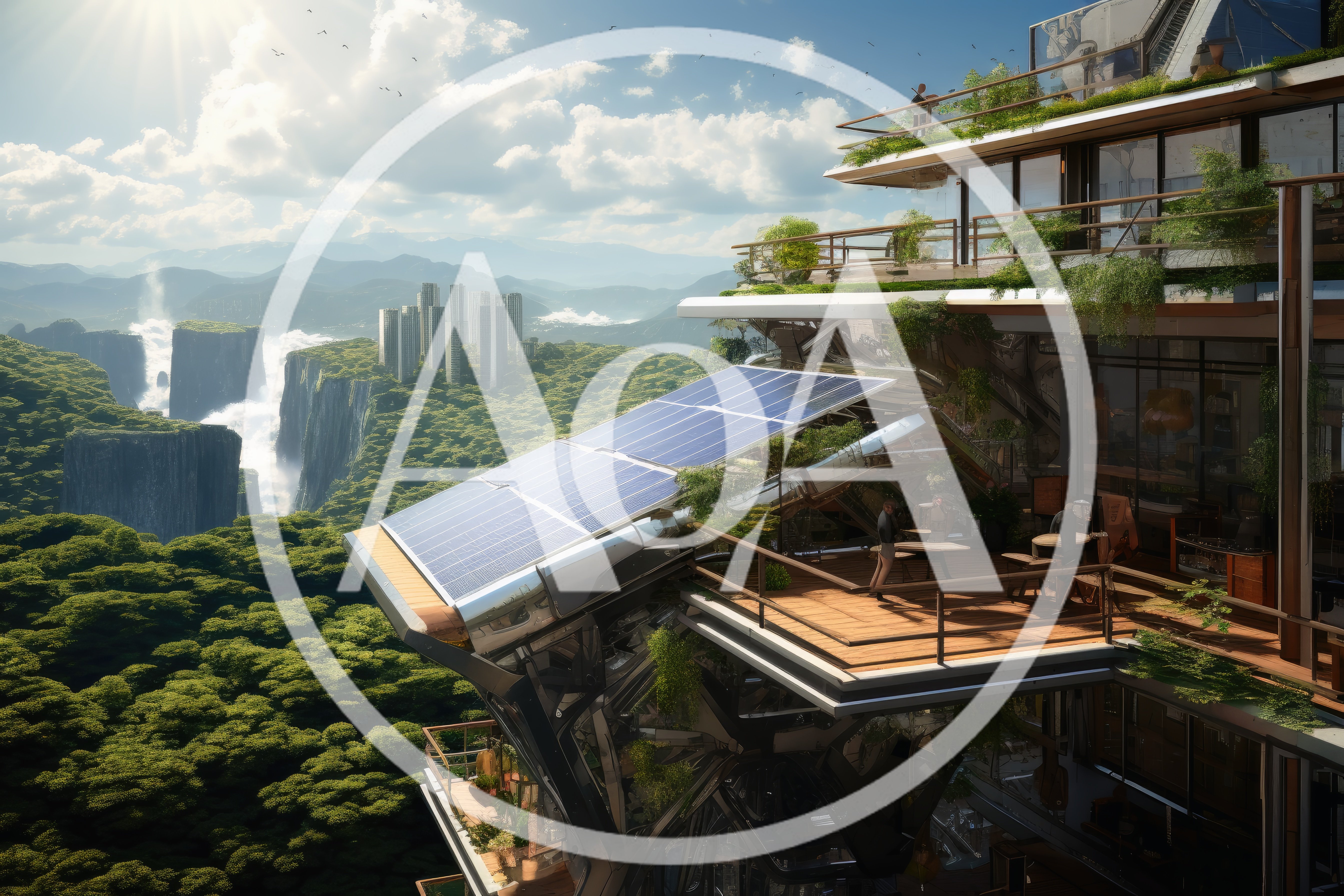 Futuristic Eco-Friendly Architecture Overlooking Lush Mountain Landscape