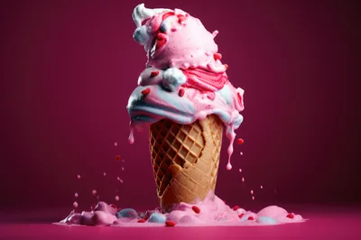 Melting Strawberry And Vanilla Ice Cream Cone