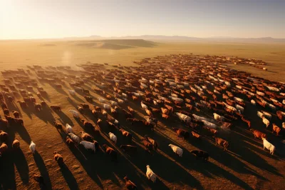 Aerial View Of A Large Cattle Herd Grazing
