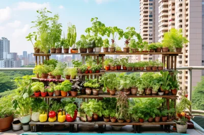 Urban Balcony Garden With Potted Vegetables And Herbs