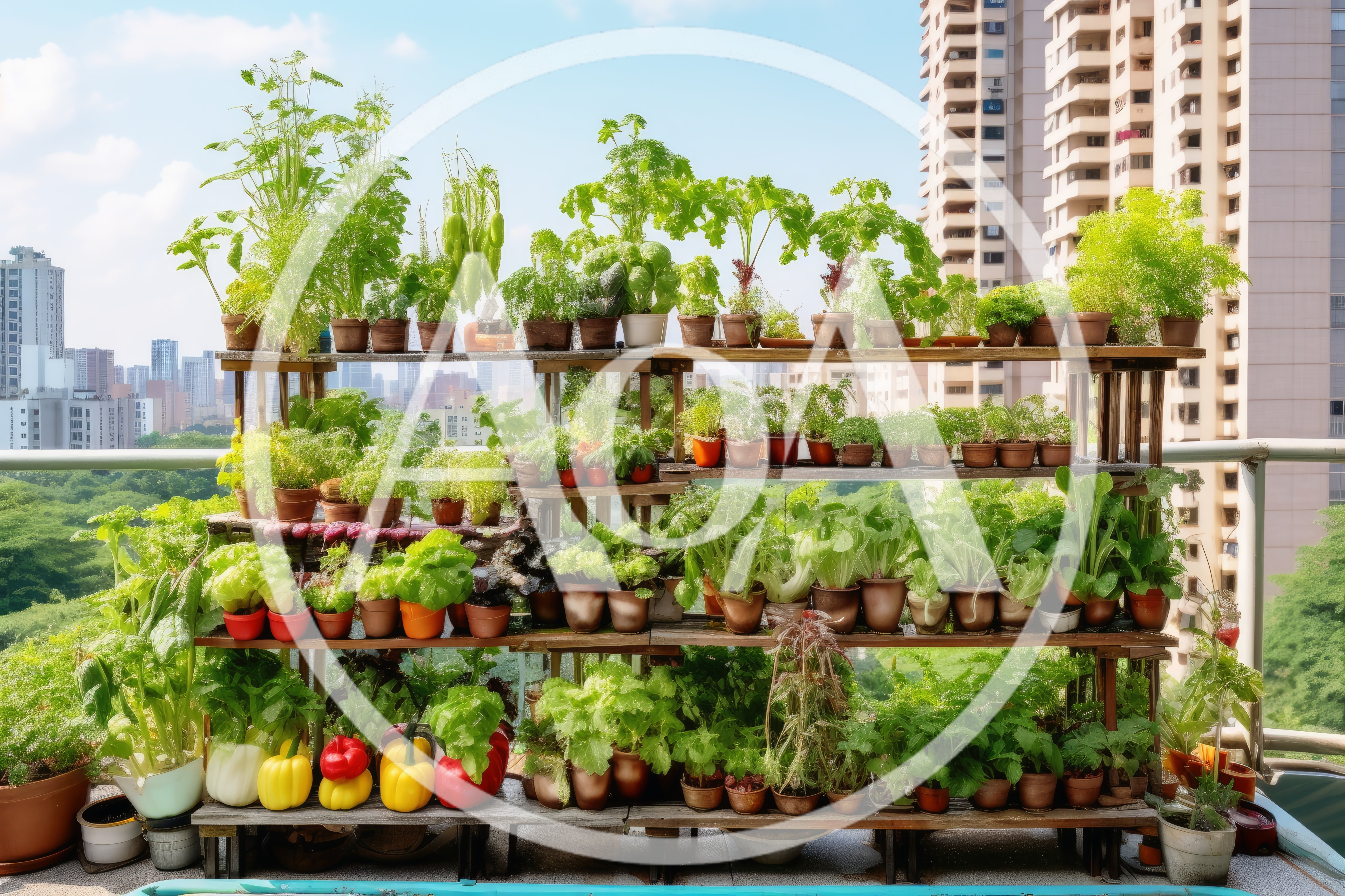 Urban Balcony Garden With Potted Vegetables And Herbs