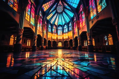Grand Cathedral Interior With Vibrant Stained Glass Windows