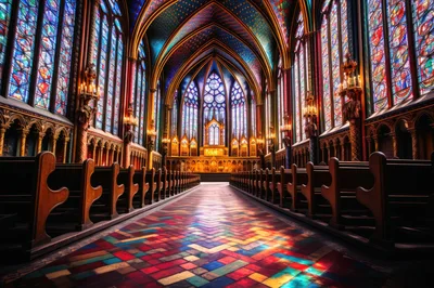 Interior View Of A Gothic Cathedral With Stained Glass