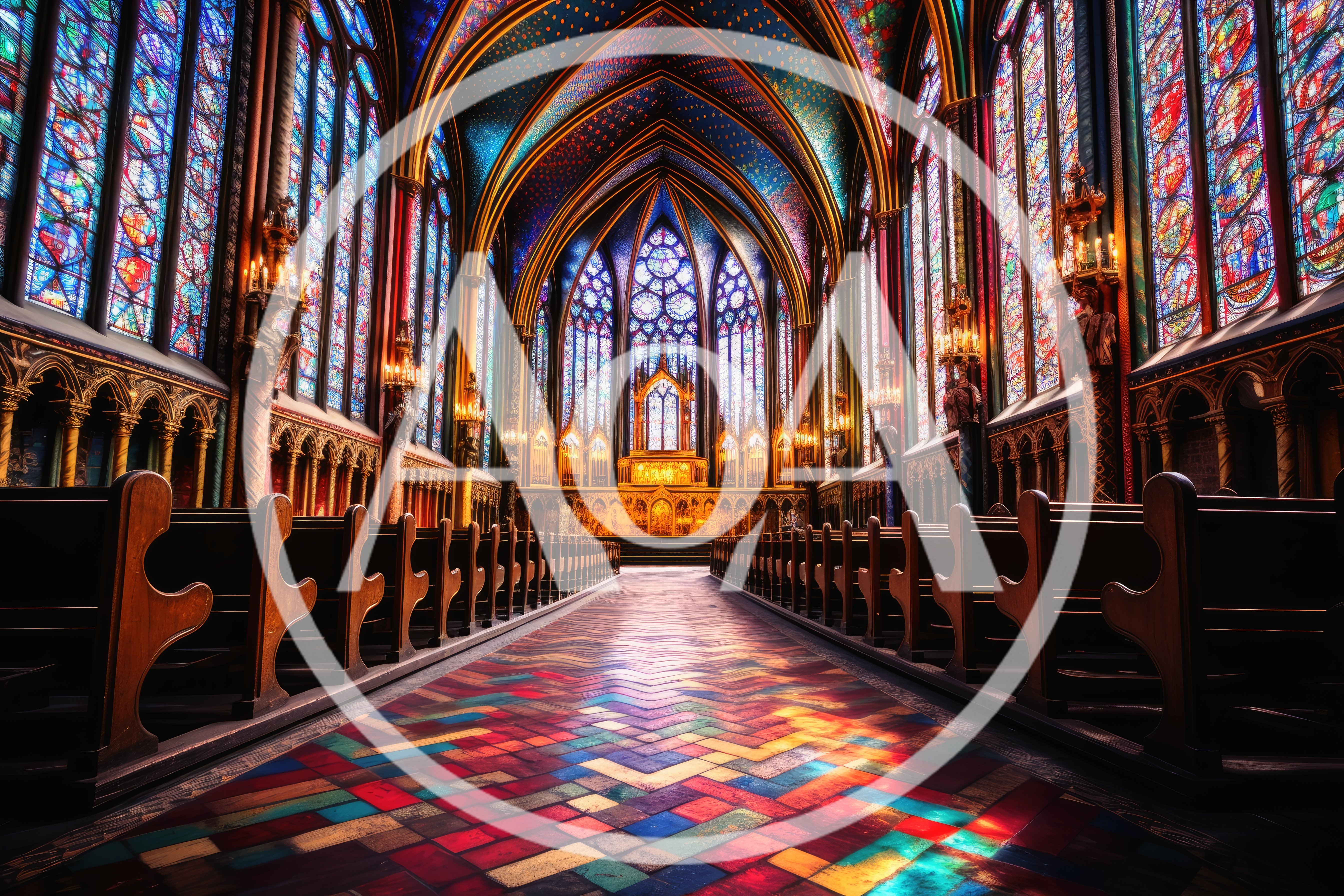 Interior View Of A Gothic Cathedral With Stained Glass