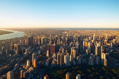 Aerial View Of New York City Skyline At Sunset