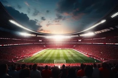 Panoramic View Of A Packed Football Stadium At Sunset