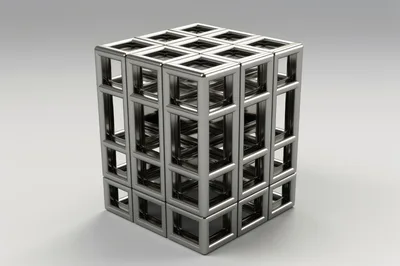 Metallic Geometric Cube Structure on White Background