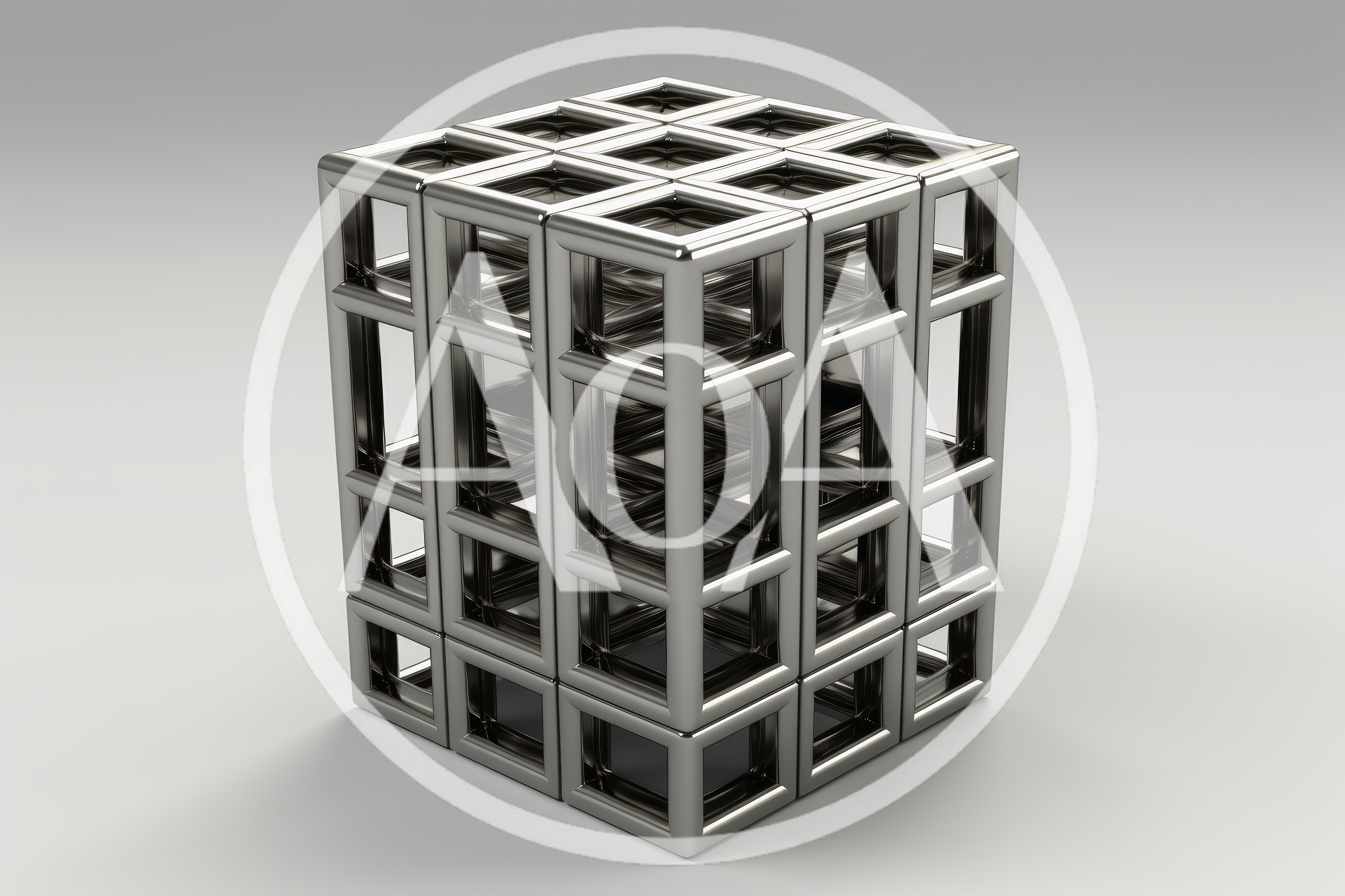 Metallic Geometric Cube Structure on White Background