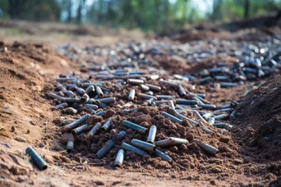 Spent Bullet Casings Scattered on Dirt Ground