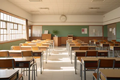 Empty Classroom With Wooden Desks And Green Chalkboard