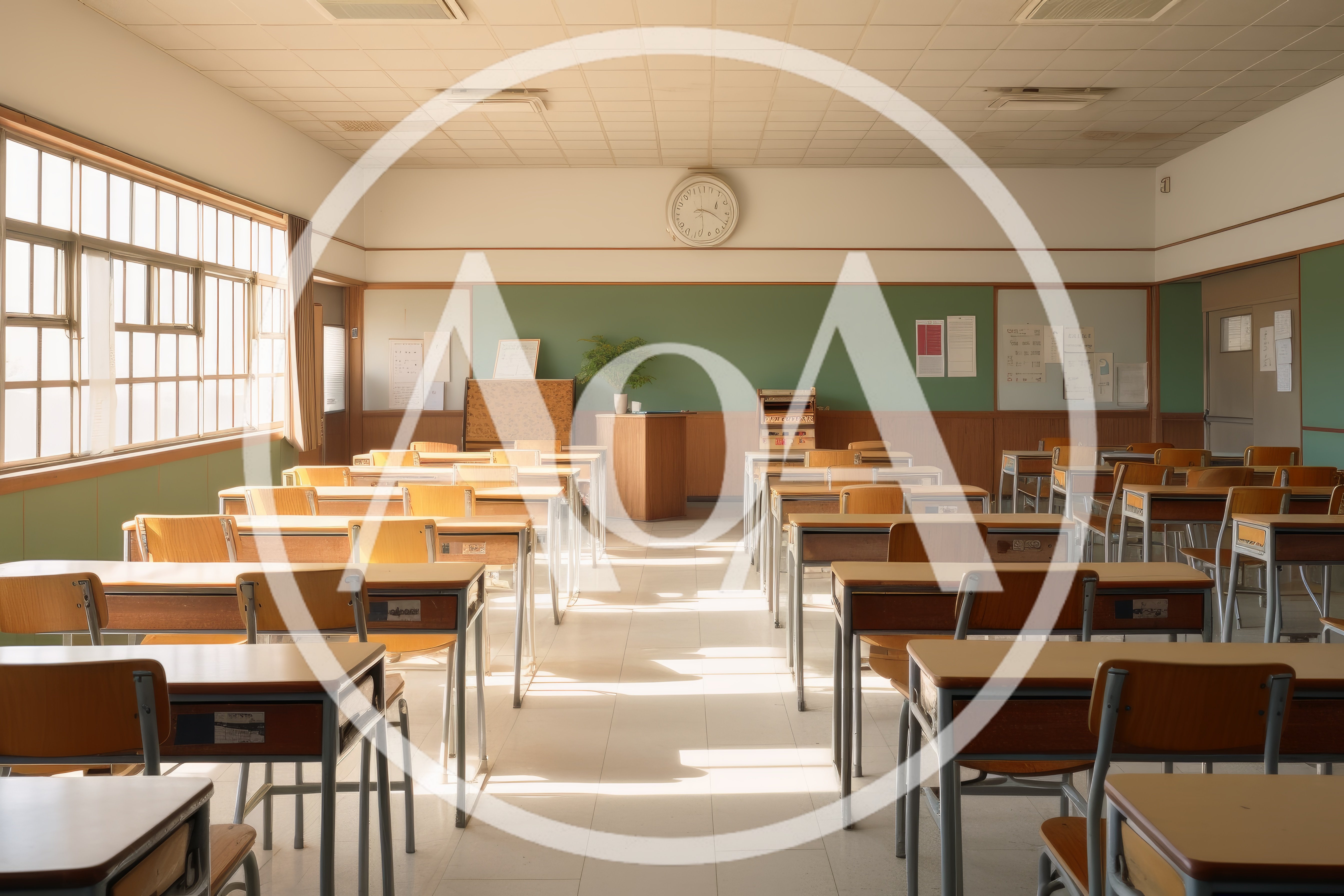 Empty Classroom With Wooden Desks And Green Chalkboard