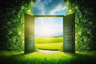 Open Doorway Leading To A Sunny Green Meadow